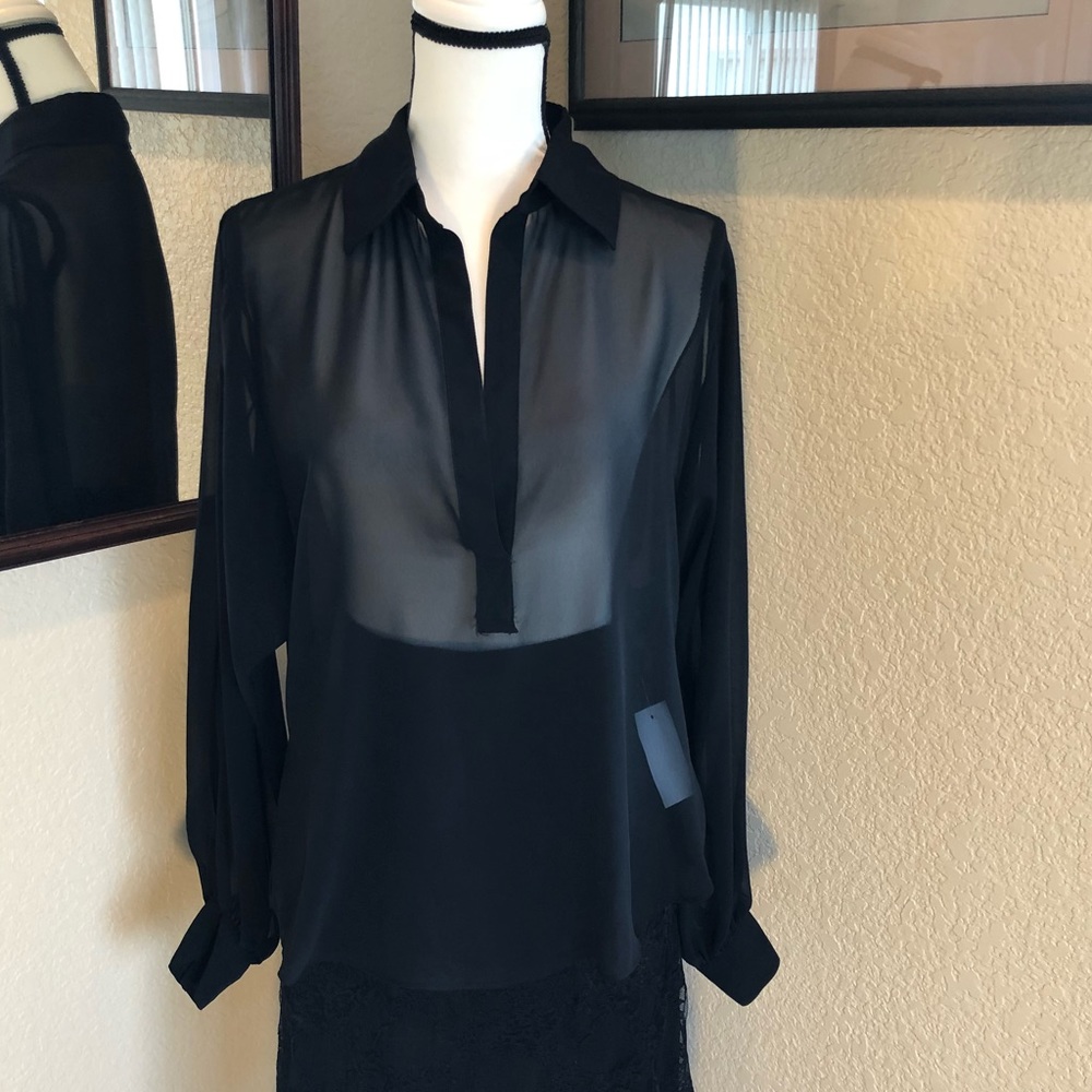 Bisou Sheer Cold Shoulder Hi Lo Blouse - Picture 3 of 8